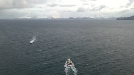 big fishing vessel passing smaller boat going in opposite direction, harsh arctic, drone