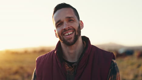 face, cattle farm and happy man in countryside