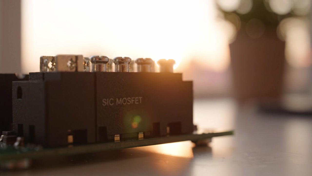 Close-up Images of a Silicon Carbide MOSFET Module with Sunset Background, Highlighting Electronic Components and Circuit Board Design