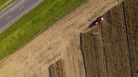 Luftaufnahme-Von-Oben-Nach-Unten-Von-Mähdrescher-Beim-Sammeln-Von-Weizen-Auf-Dem-Feld-Neben-Der-Straße