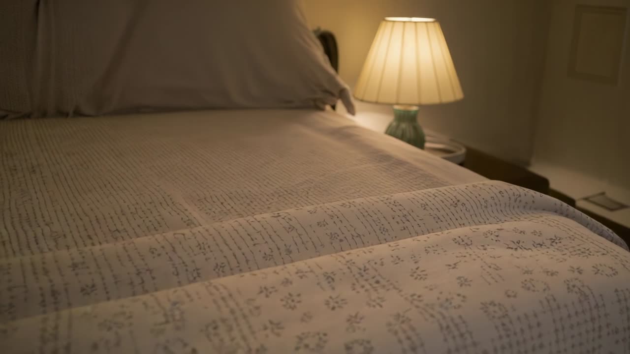 Starting camera panning across made bed in bedroom, showing quilted bedspread and lamp for decor