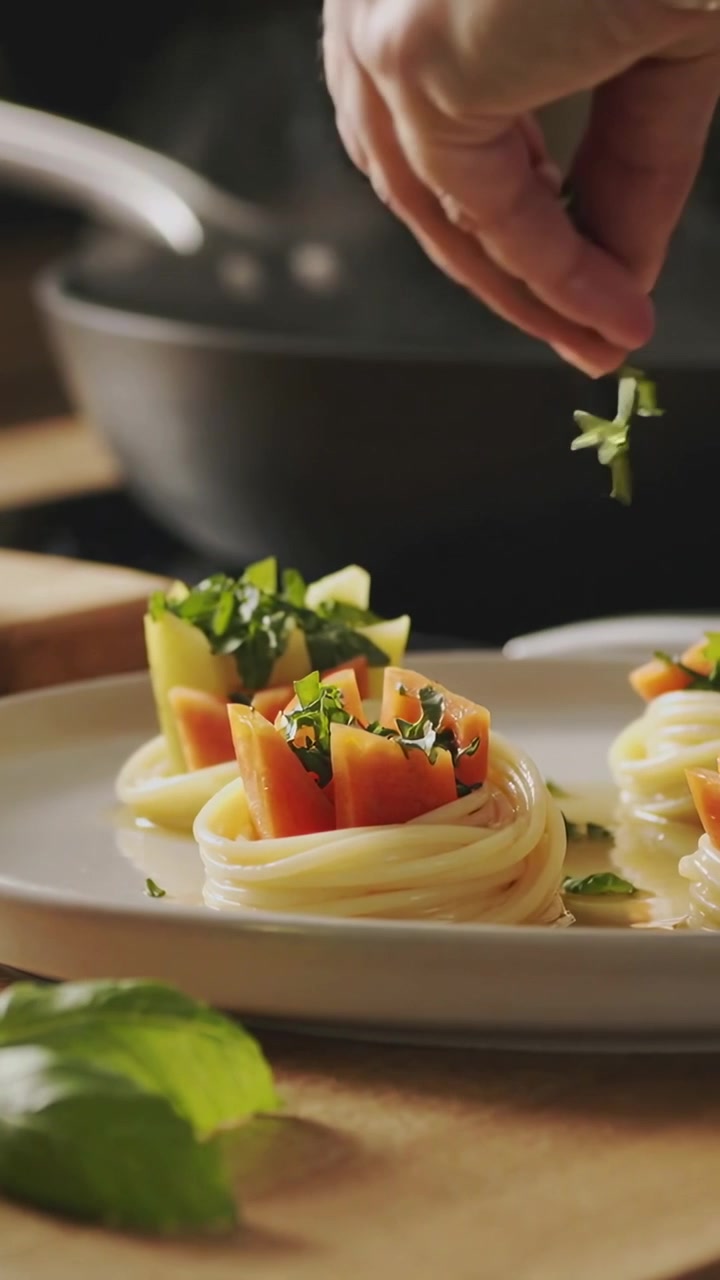 Video verticale: Vapore che avvolge mani con anelli d'argento mentre impiattano la pasta in cucina, aggiungendo pomodoro ed erbe aromatiche, pronta.