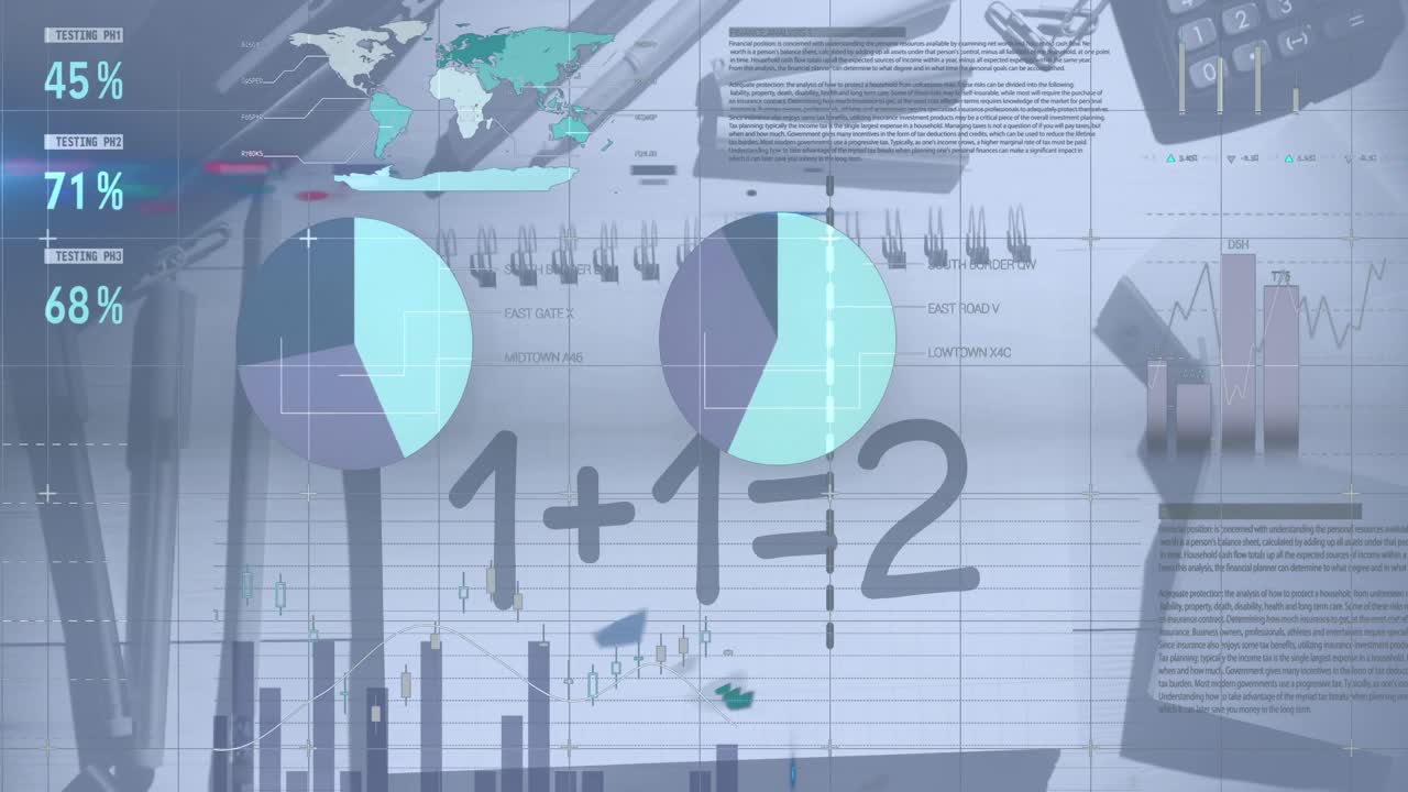 animación de la interfaz infográfica con ecuación en el bloc de notas y papelería en la mesa