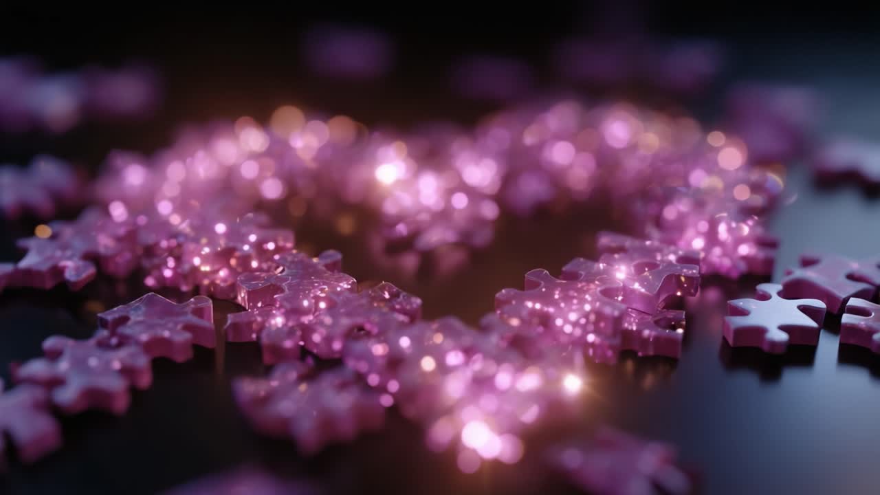 A Close-Up View of Vibrant Pink Puzzle Pieces Forming a Heart Shape with Sparkling Details on a Dark Background, Creating a Romantic and Playful Atmosphere
