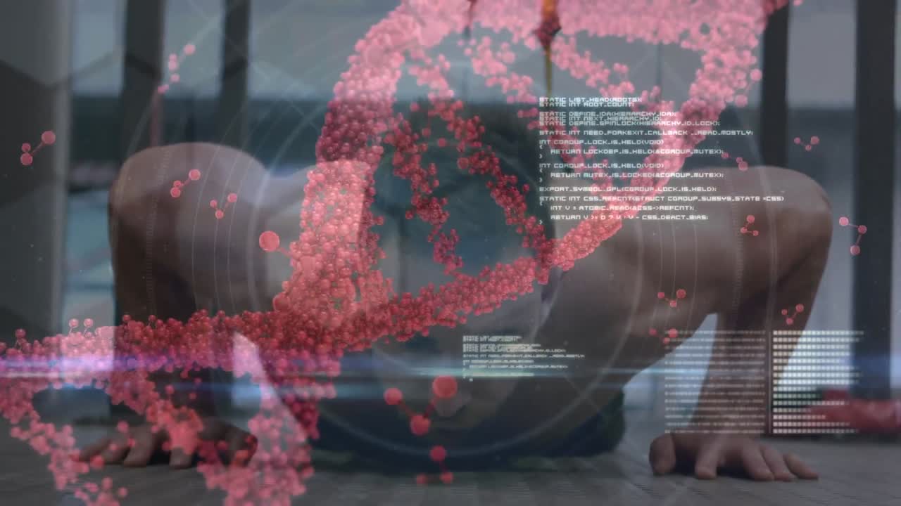 체육관에서 운동하는 근육질의 남자 위에 있는 dna 줄기의 애니메이션