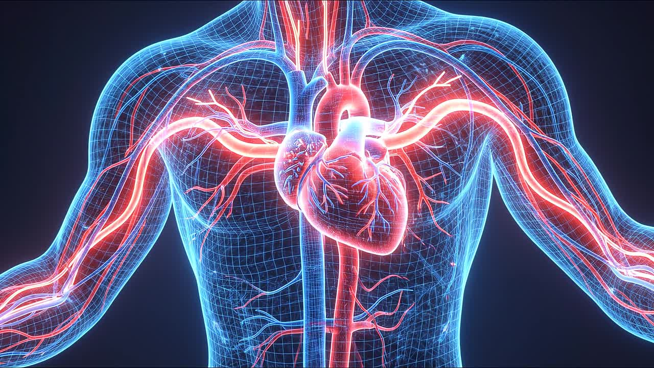 Corazón humano brillante dentro de la caja torácica, mostrando la anatomía detallada del sistema circulatorio, concepto de visualización médica