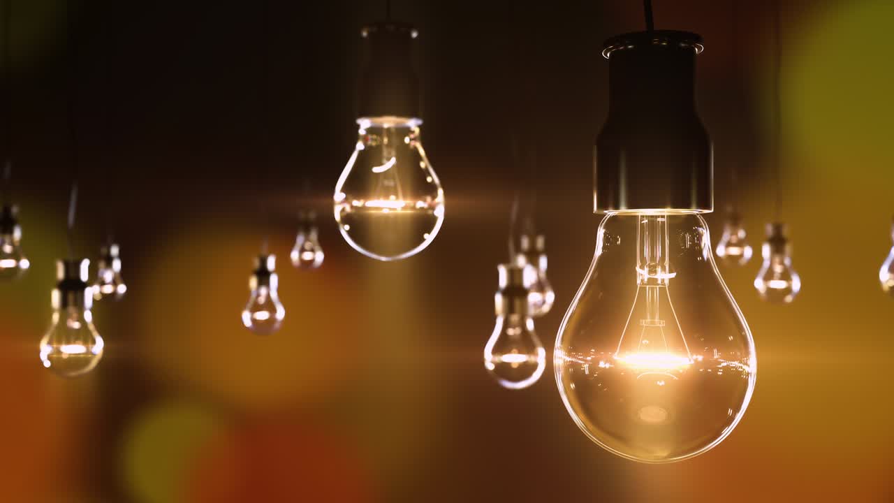 레트로 노란색 배경 루프에 대해 매달린 전구로 장식