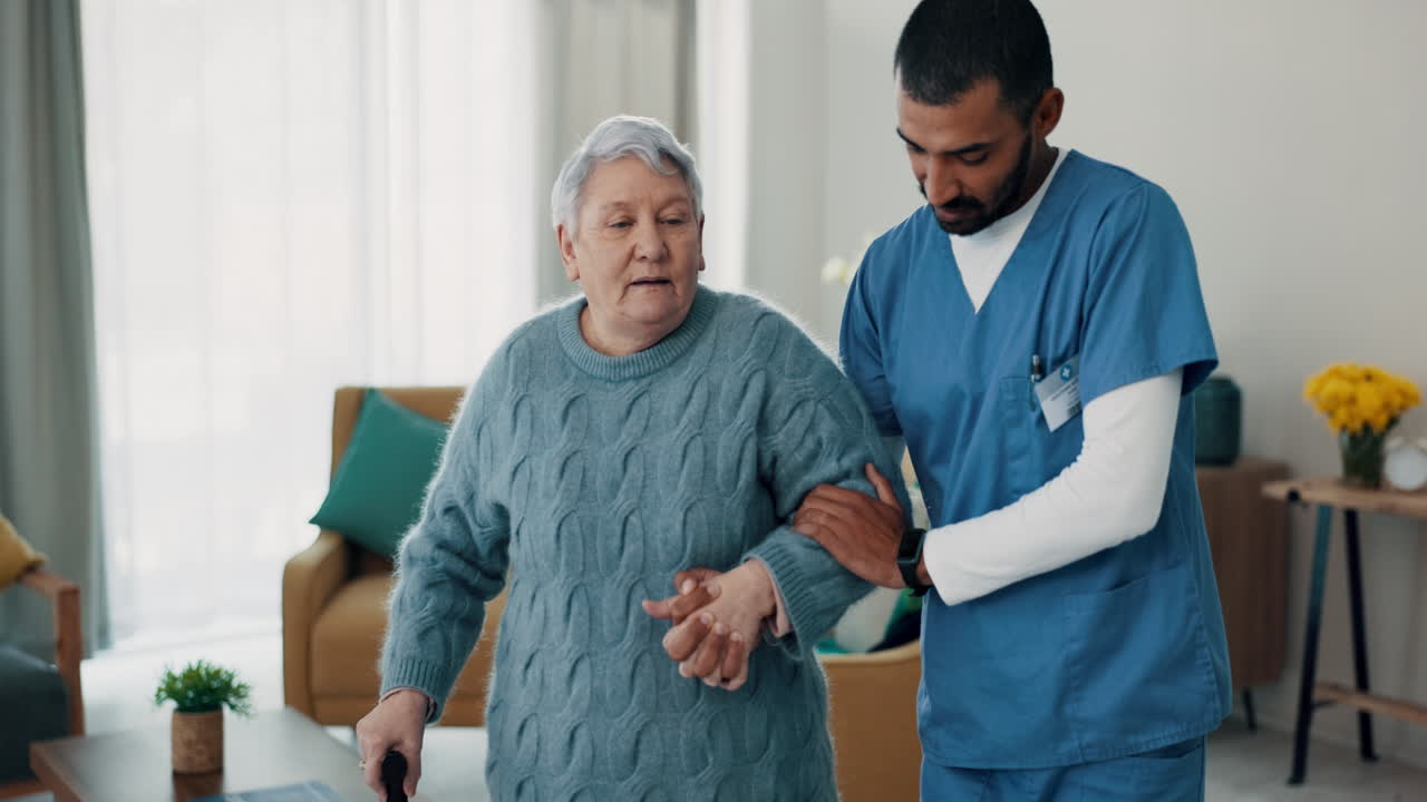Senior woman, nurse and walking stick for support