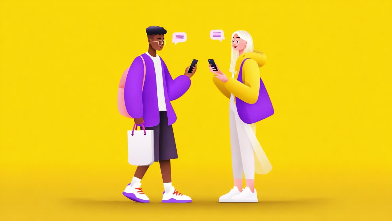 Two Young People Engaging in a Lively Conversation Over Smartphones Against a Bright Yellow Background, Capturing Modern Communication and Interaction in a Digital Age