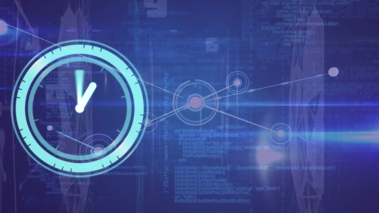 Animation of digital clock, connected dots and globes over computer language on abstract background