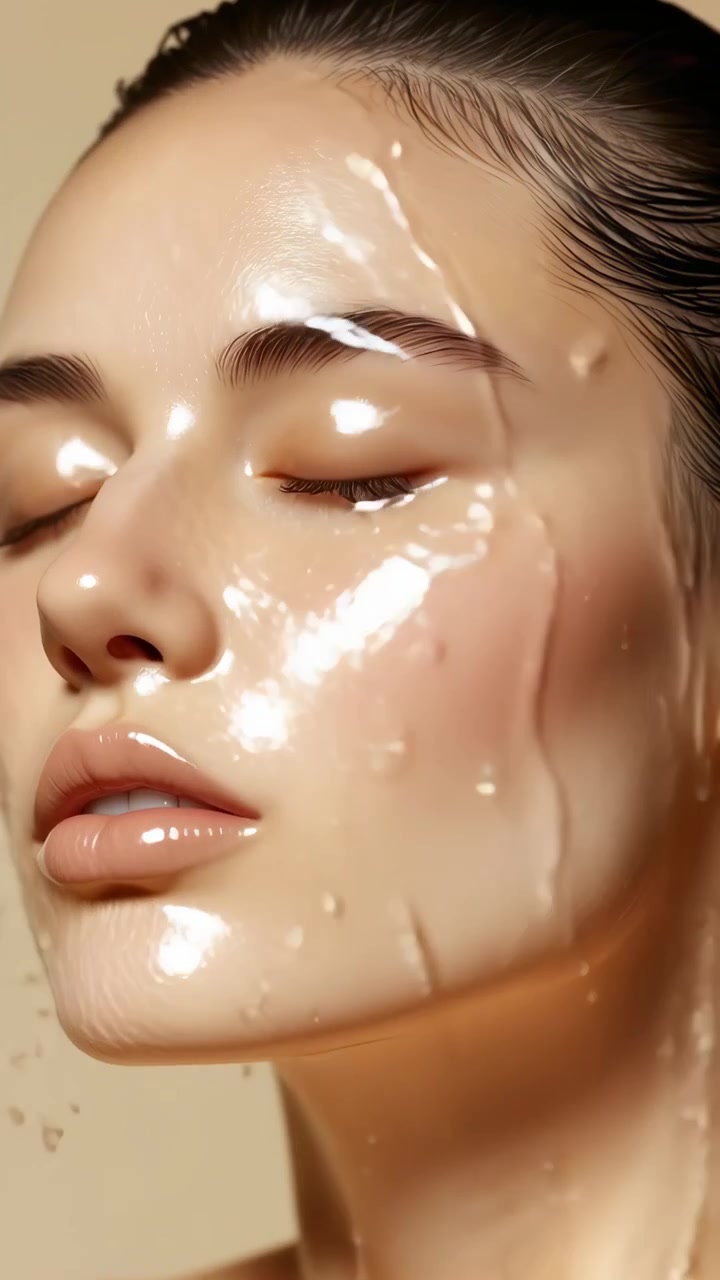 Slow Motion Water Splashing on Woman's Face for Skincare