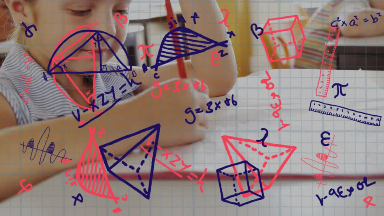 Chłopiec trzymający czerwony ołówek, szkicujący geometrię i algebrę, z pływającymi diagramami matematycznymi prowadzącymi naukę.