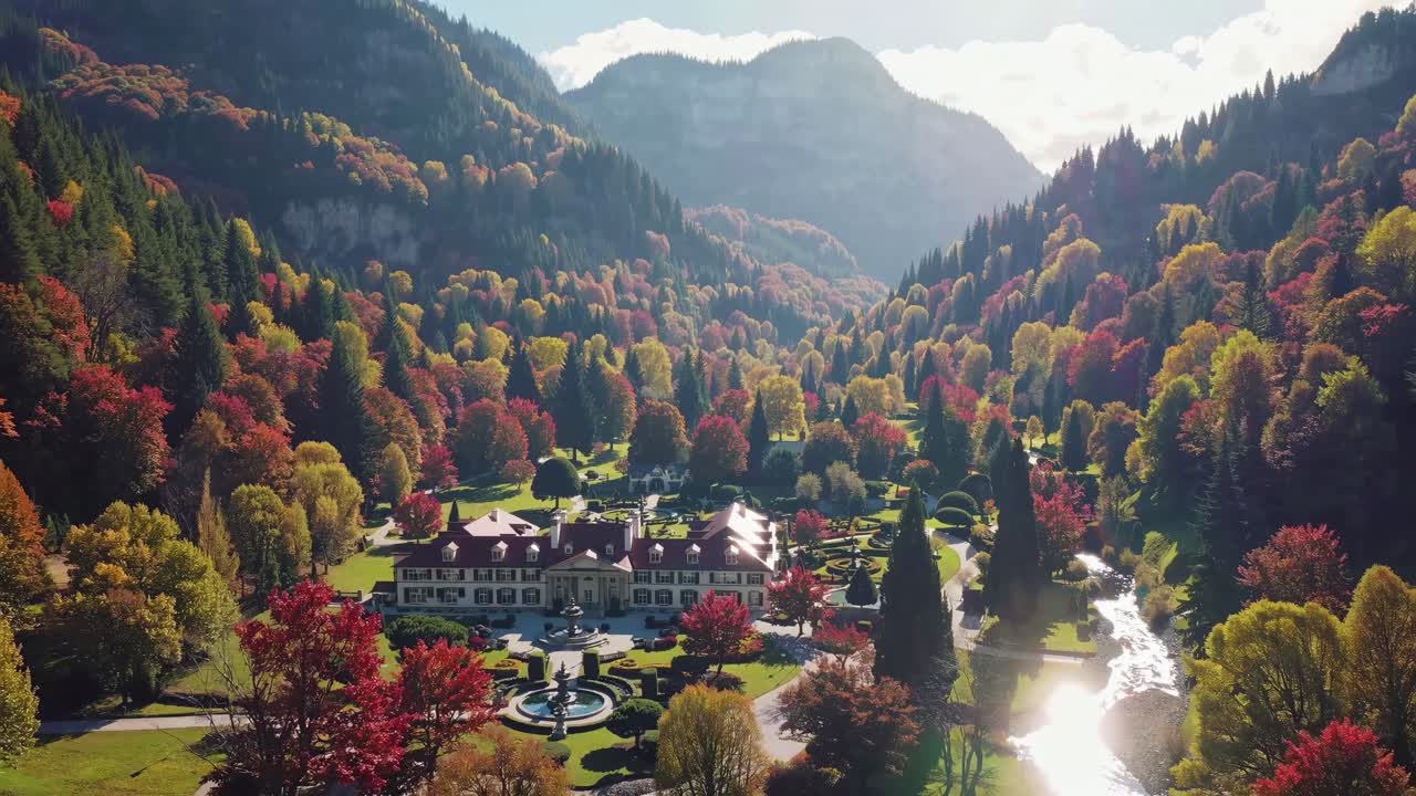 Aerial video of a grand estate surrounded by vibrant autumn trees and mountains