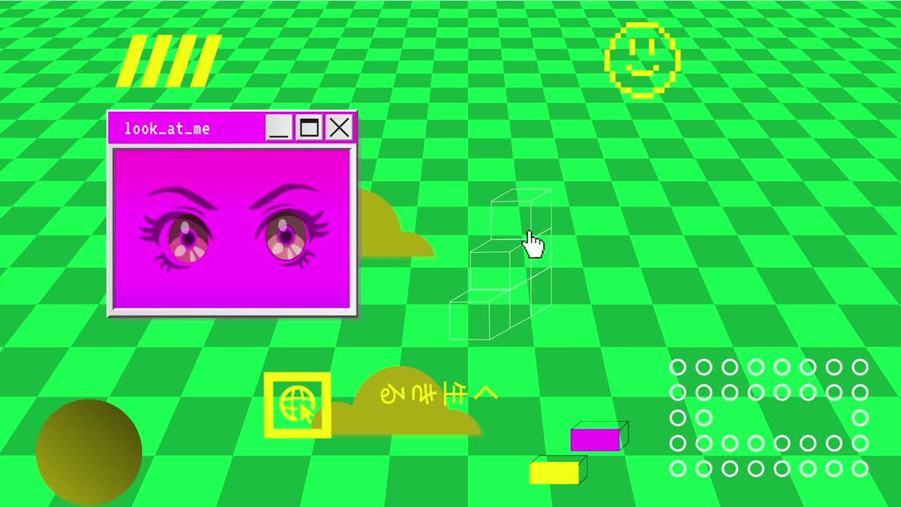 Retro Vaporwave Poster With User Interface Elements and Cartoon Illustrations. Green Abstract Aesthetic Background. Video Game.