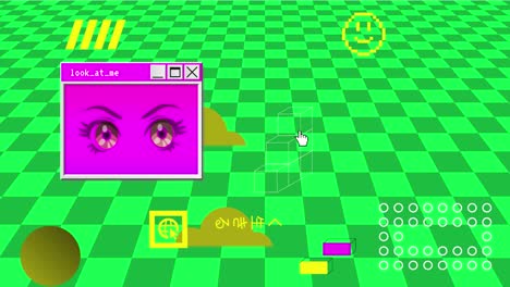 retro vaporwave poster with user interface elements and cartoon illustrations. green abstract aesthetic background. video game.