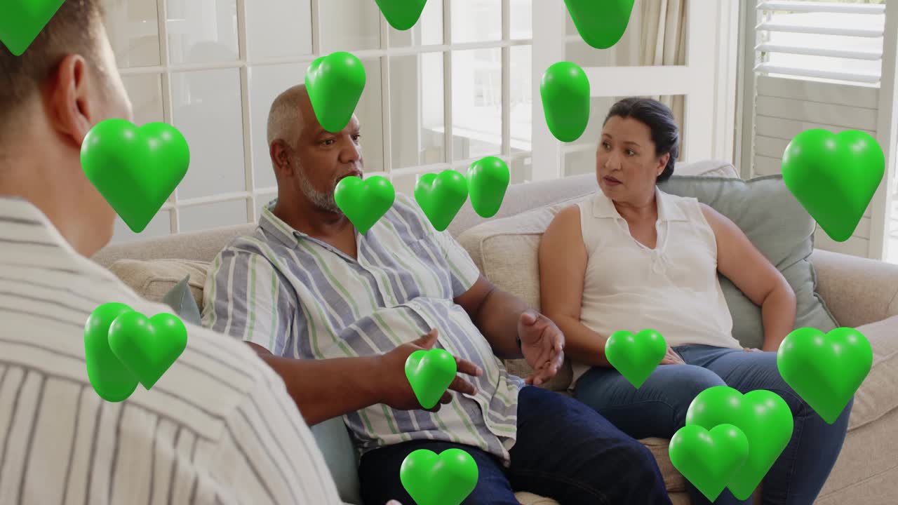 Left speaker talking sofa couple listening responding green hearts floating around them for therapy