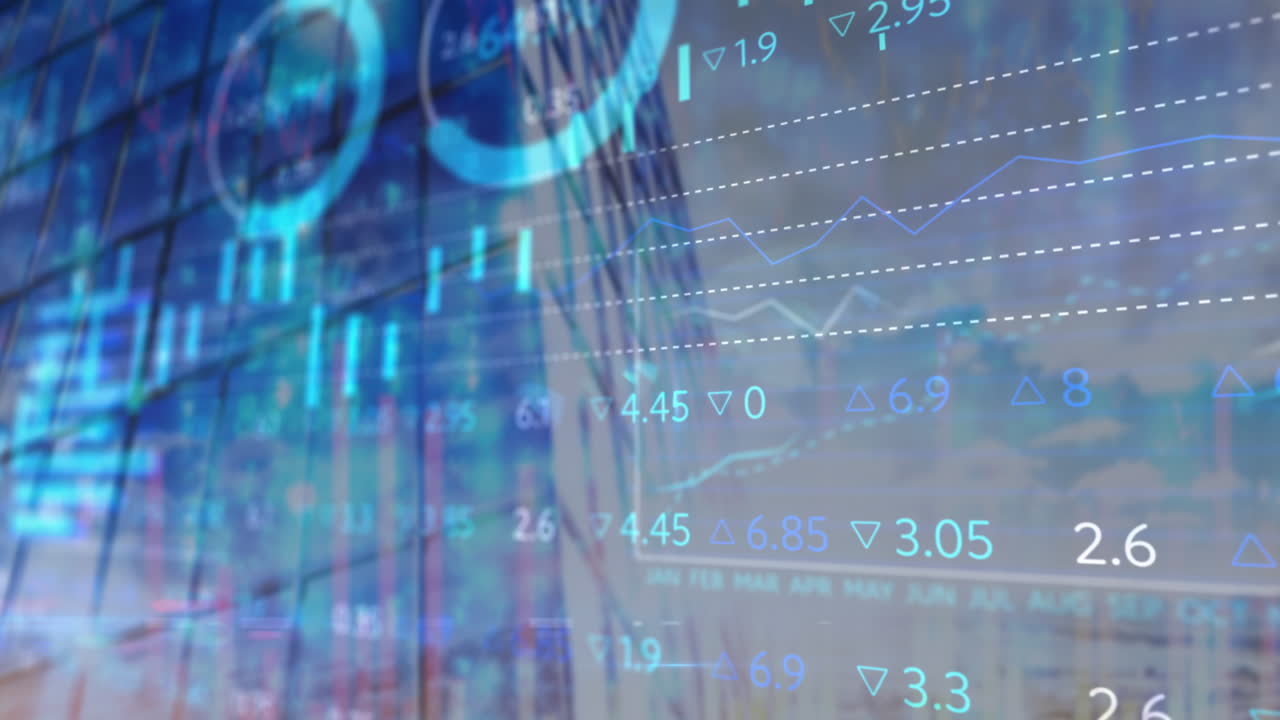 Animation of financial data processing over cityscape