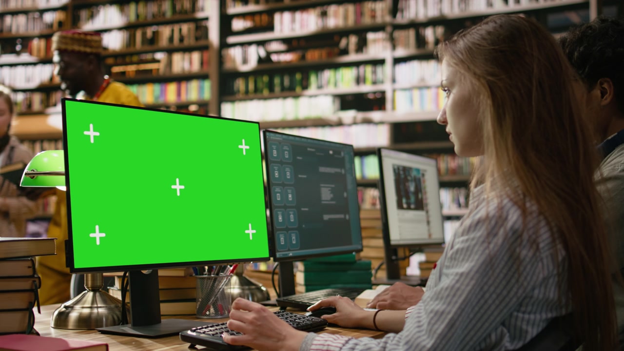 Isolated green screen on desktop monitor with tracking markers