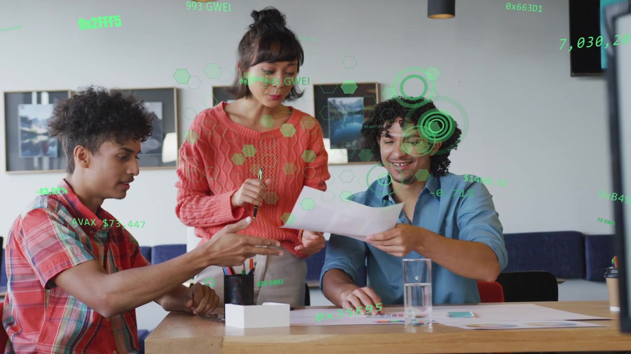 Presenter woman handing sheet to colleagues, initiating green HUD annotating documents for business