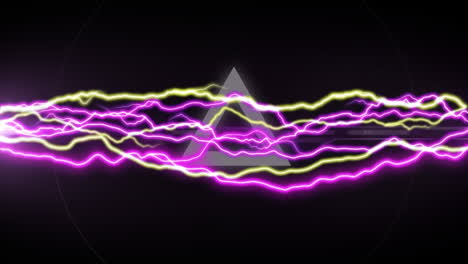 animation of neon triangle pulsating and pink an yellow waves on black background