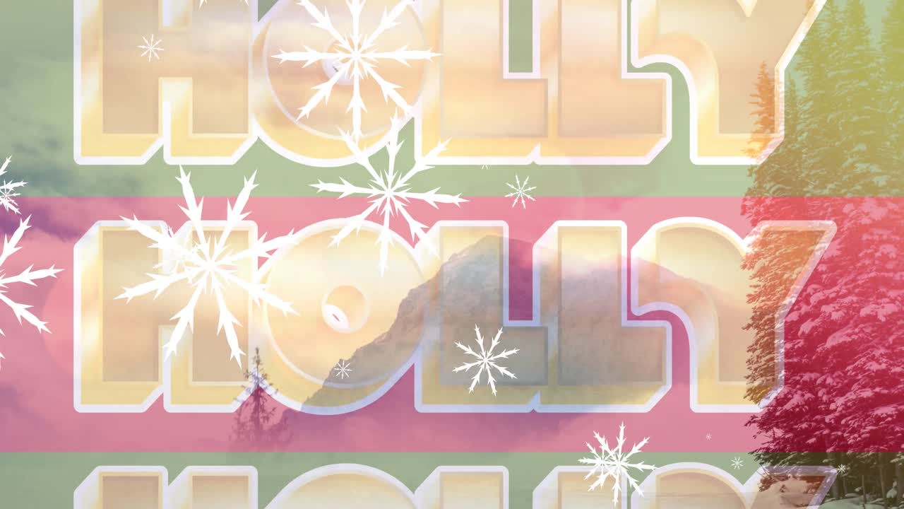 크리스마스 인사와 집과 나무와 함께 풍경과 크리스마스 인사 위에 내리는 눈의 애니메이션