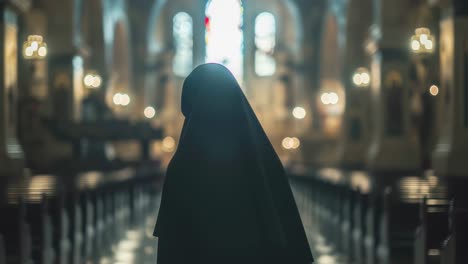 contemplative nun walking along church aisle, moving slowly towards sacred altar with ornate stained glass window illuminating spiritual interior