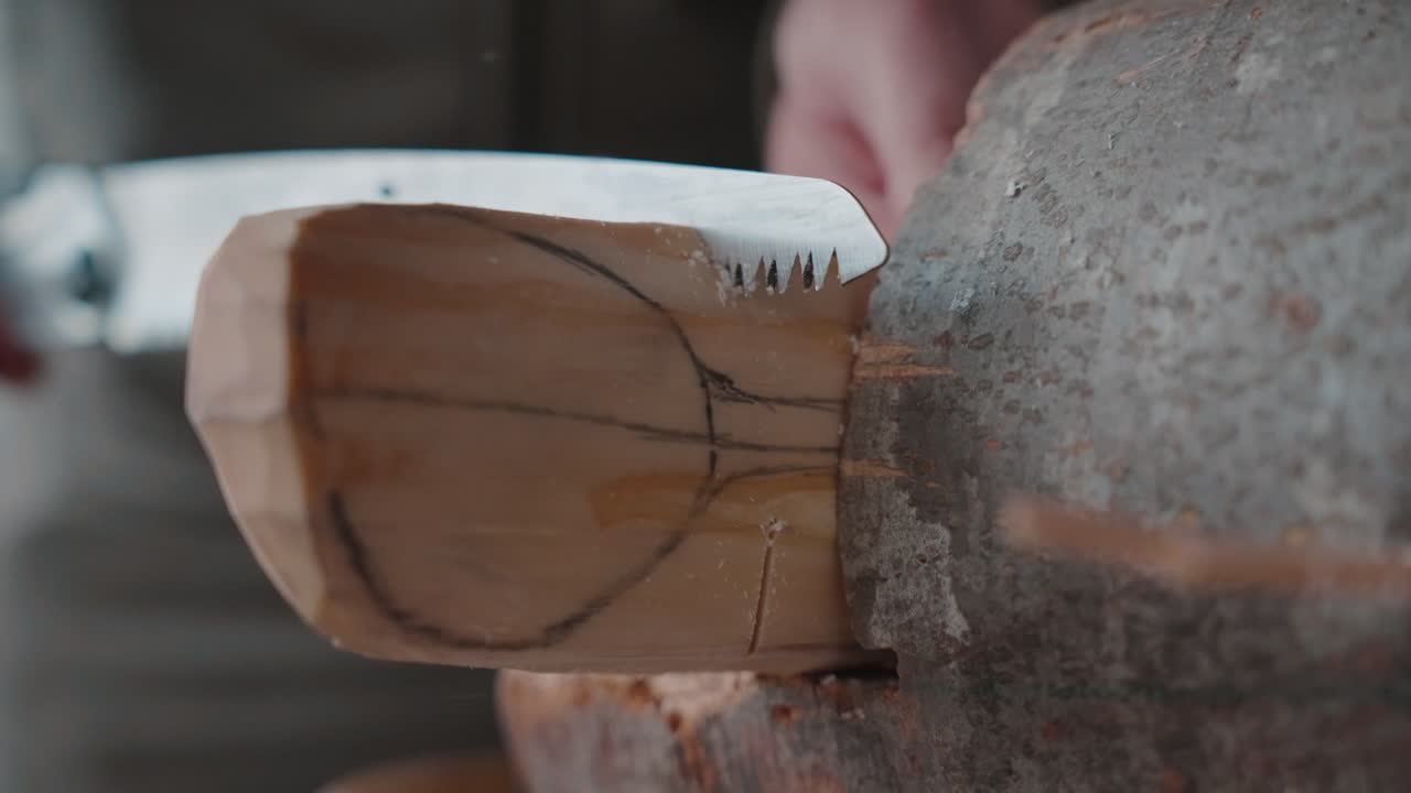Close-up of wood carving with chisel and mallet, focused on craftsmanship