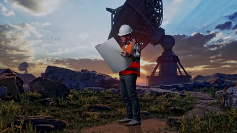 full body side view of asian male engineer with safety helmet looking at blueprint in his hands and looking around while standing with large satellite dish