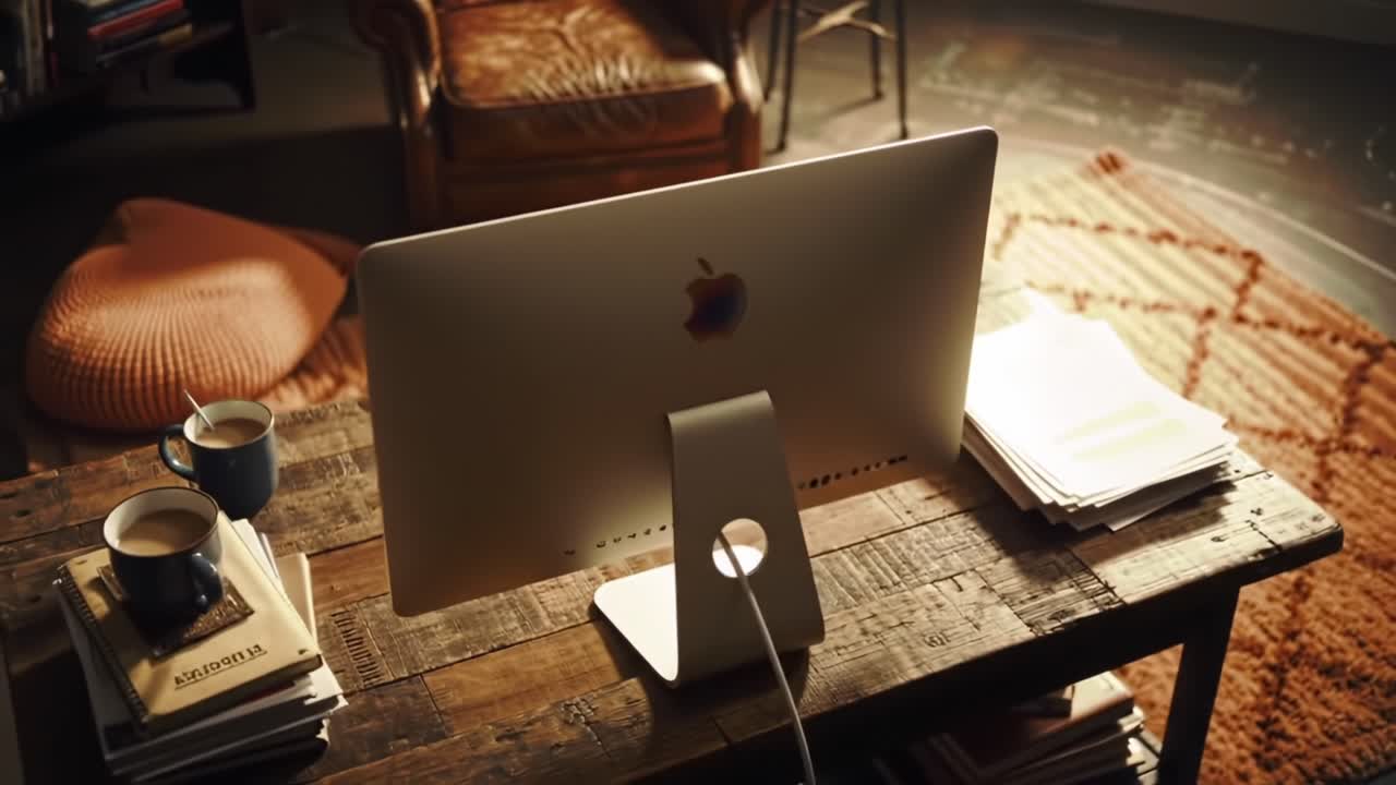 A Cozy Workspace with a Desk, Coffee, and Mac Computer, Perfectly Arranged for Productivity and Comfort in a Warm Atmosphere