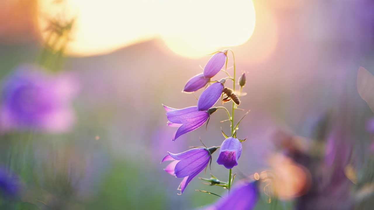 Nærbilde av lilla blomster ved solnedgang, fanget fra lav vinkel, perfekt for en rolig video.