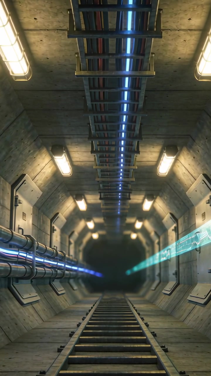 Vertical video: LED pulsing in utility tunnel, sending blue and cyan beams implying motion