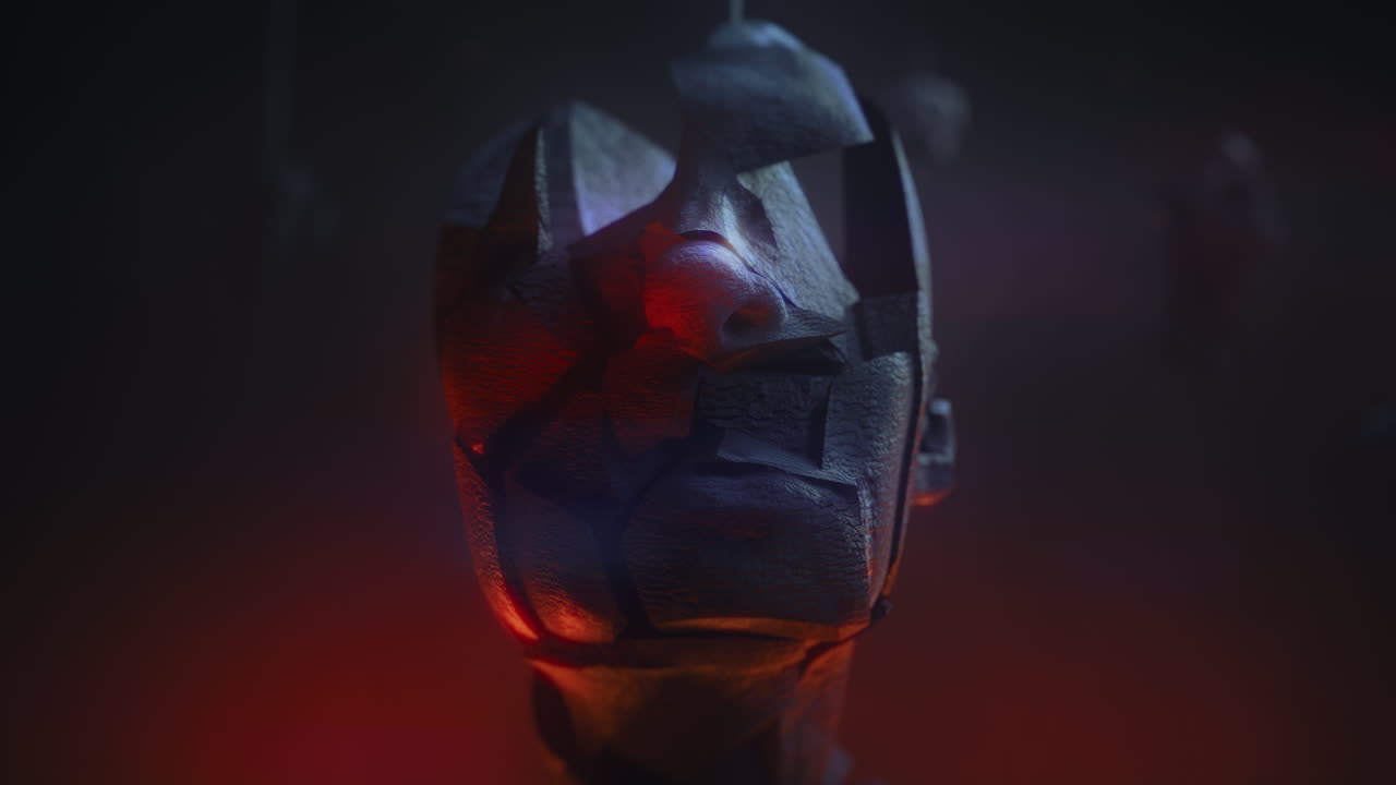 Crushed and burned android head on spike in hell