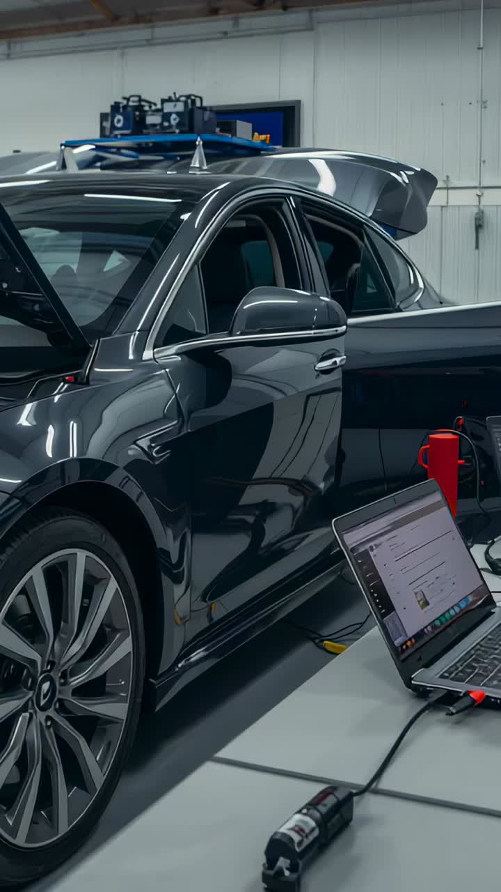 Vertical video: Receiving laptop signal, dark gray sedan undergoing scan in shop for repair