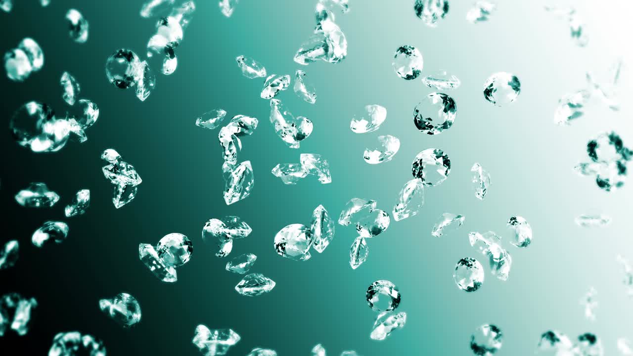 에메랄드 녹색 바탕에 많은 보석 다이아몬드를 날아. 투명하고 귀중한 보석을 빛니다. 화려한 다이애몬드 회전의 3d 애니메이션. 루프 애니메이션.