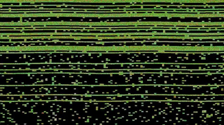 Digitaler Glitch-Effekt mit grünen Datenlinien auf schwarzem Hintergrund