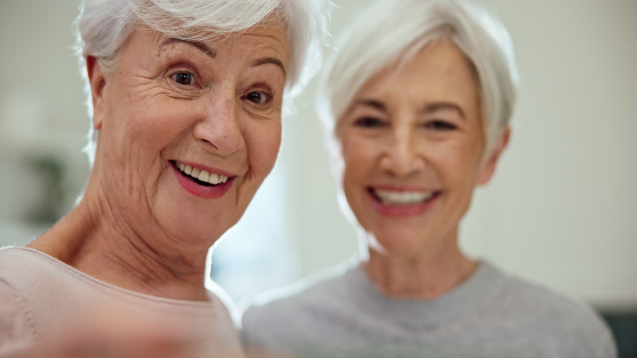 Senior women, friends and selfie in home