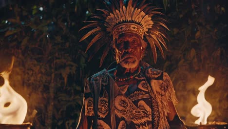 indigenous shaman with a feathered headdress stands between two burning torches, performing a mystical ritual in the amazon rainforest at night