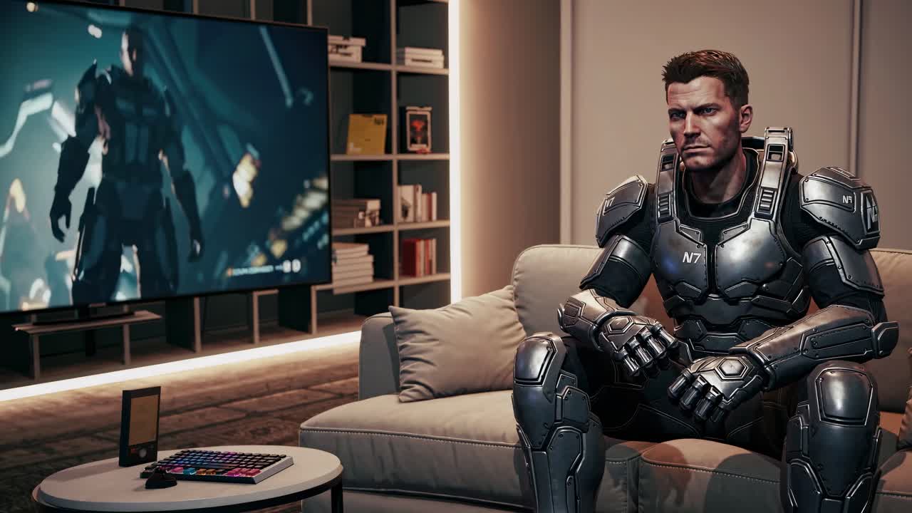 Man in futuristic armor sitting on a couch in a modern living room.