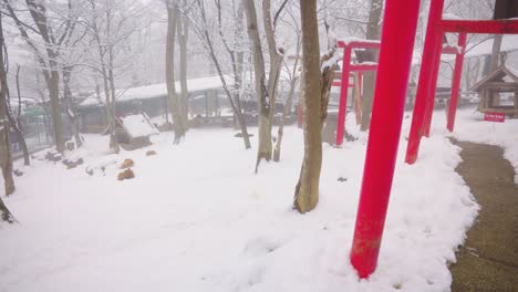 Pueblo-De-Zorros-De-Japón-En-La-Nieve,-Puertas-Tori-Rojas-A-Lo-Largo-Del-Camino-En-Invierno