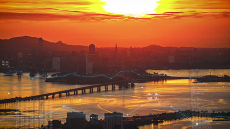 Timelapse-De-Una-Ciudad-Al-Atardecer-Con-Superposición-De-Líneas-De-Gráficos-Financieros-Animados