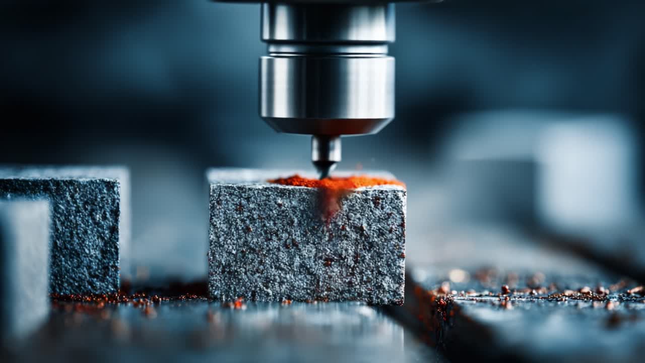 Processo di lavorazione meccanica del metallo ad alta precisione catturato in primo piano: Una fresatrice CNC che lavora un blocco di metallo durante la fase di taglio, mostrando trucioli metallici sottili e i dettagli dell'utensile.
