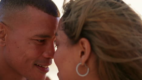 love, beach smile and couple face closeup by