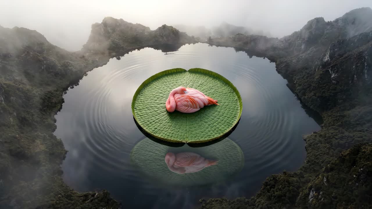 Pink Flamingo Sleeping on a Giant Lily Pad in a Misty Mountain Lake