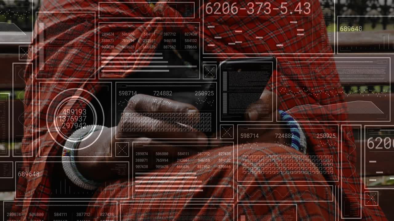 Man tapping smartphone wearing plaid wrap on park bench, causing animated tech charts updating