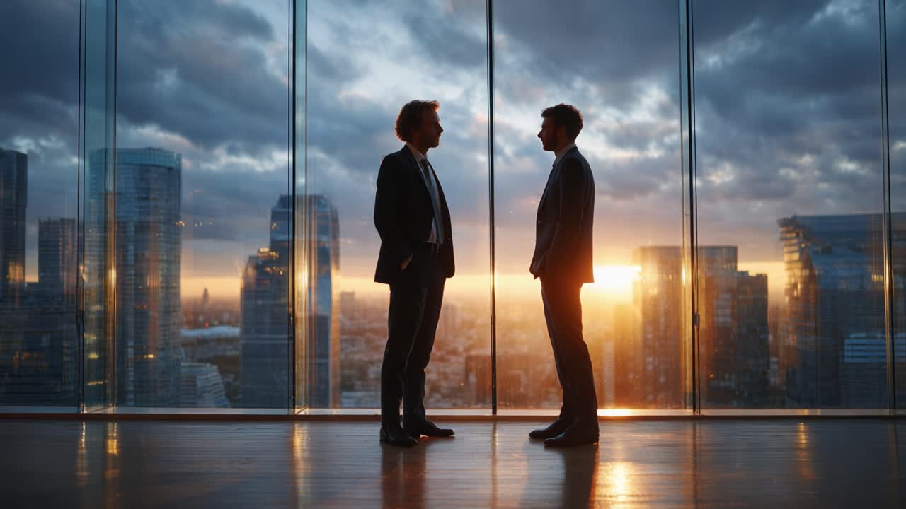 Due professionisti impegnati in una discussione seria sullo sfondo di un tramonto mozzafiato sullo skyline della città, che cattura l'essenza della collaborazione aziendale.