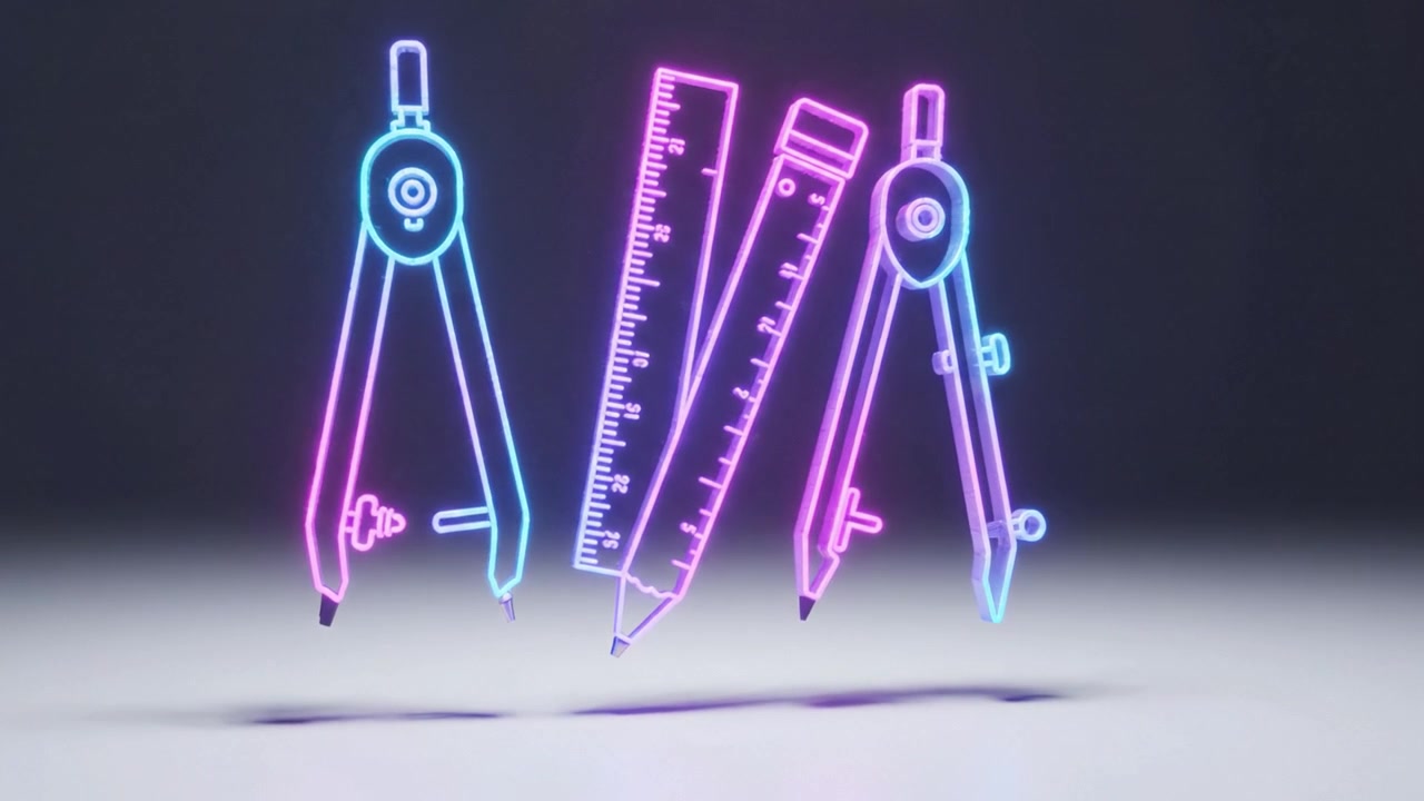 Una vivace esposizione di strumenti di disegno di precisione in colori neon, con compassi, righelli e matite, perfetti per disegnare e misurare con stile.