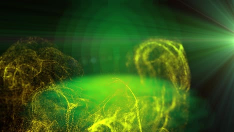 animation of yellow particles moving in green light on black background