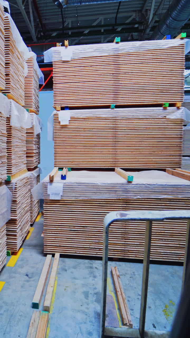 Warehouse of boards in the production. Pile of cut wood in factory storage warehouse Vertical video