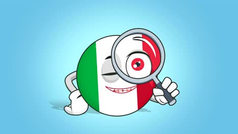 cartoon icon flag italy magnifying glass with face animation with alpha matte