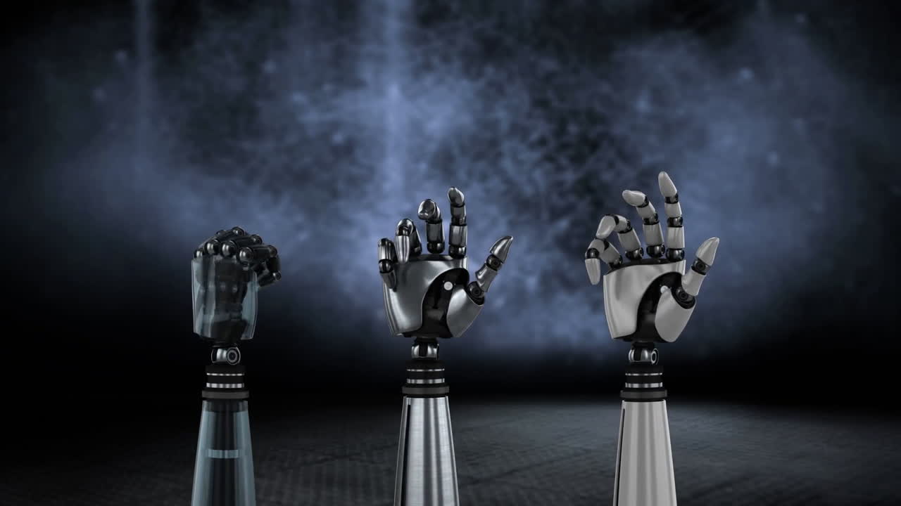 manos de robot y fondo borroso gris